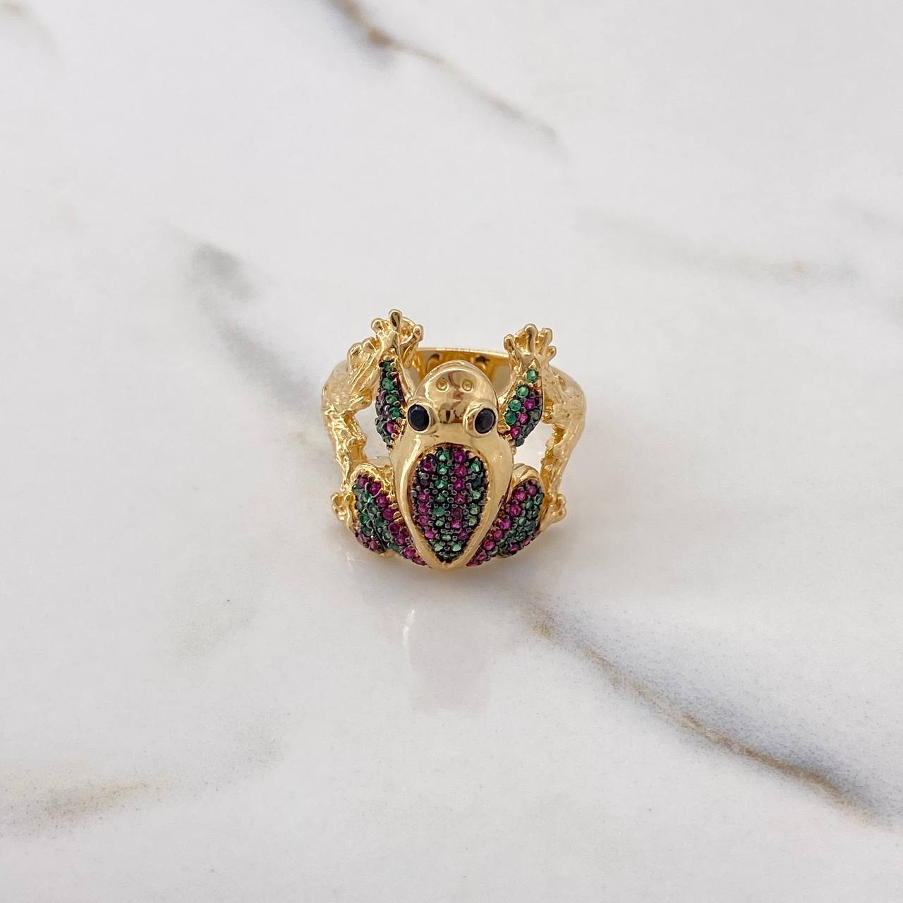 Frog Ring 8.45gr / Size 7 1/4 / Green Fuchsia Zircons Yellow Gold $