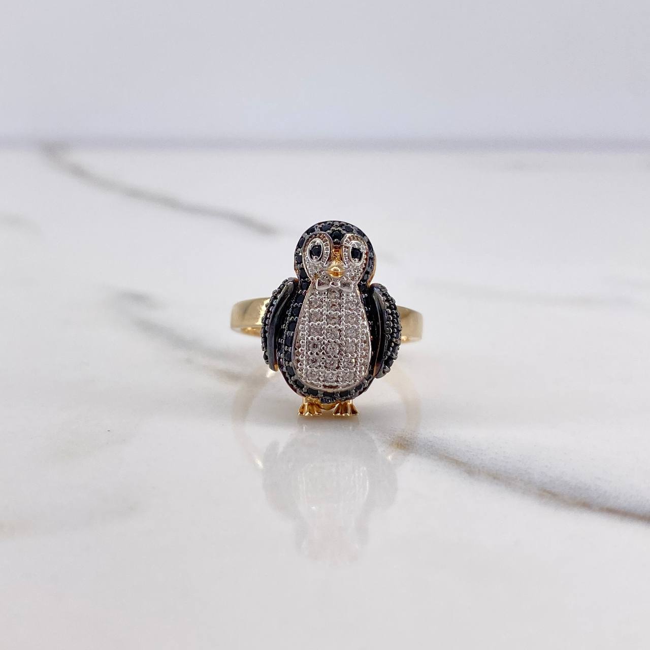 Articulated Penguin Ring 4.9gr / Size 7 3/4 / White and Black Zircons Two Yellows White Gold &