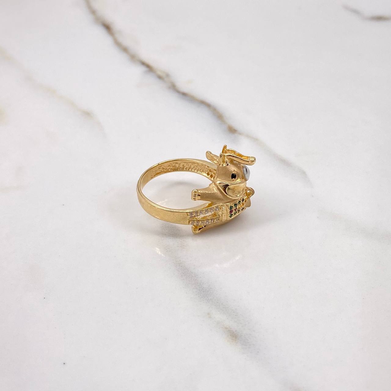 Elephant Ring 7.55gr / Size 8 1/4 / White, Green, Fuchsia, Black Zircons Yellow Gold $