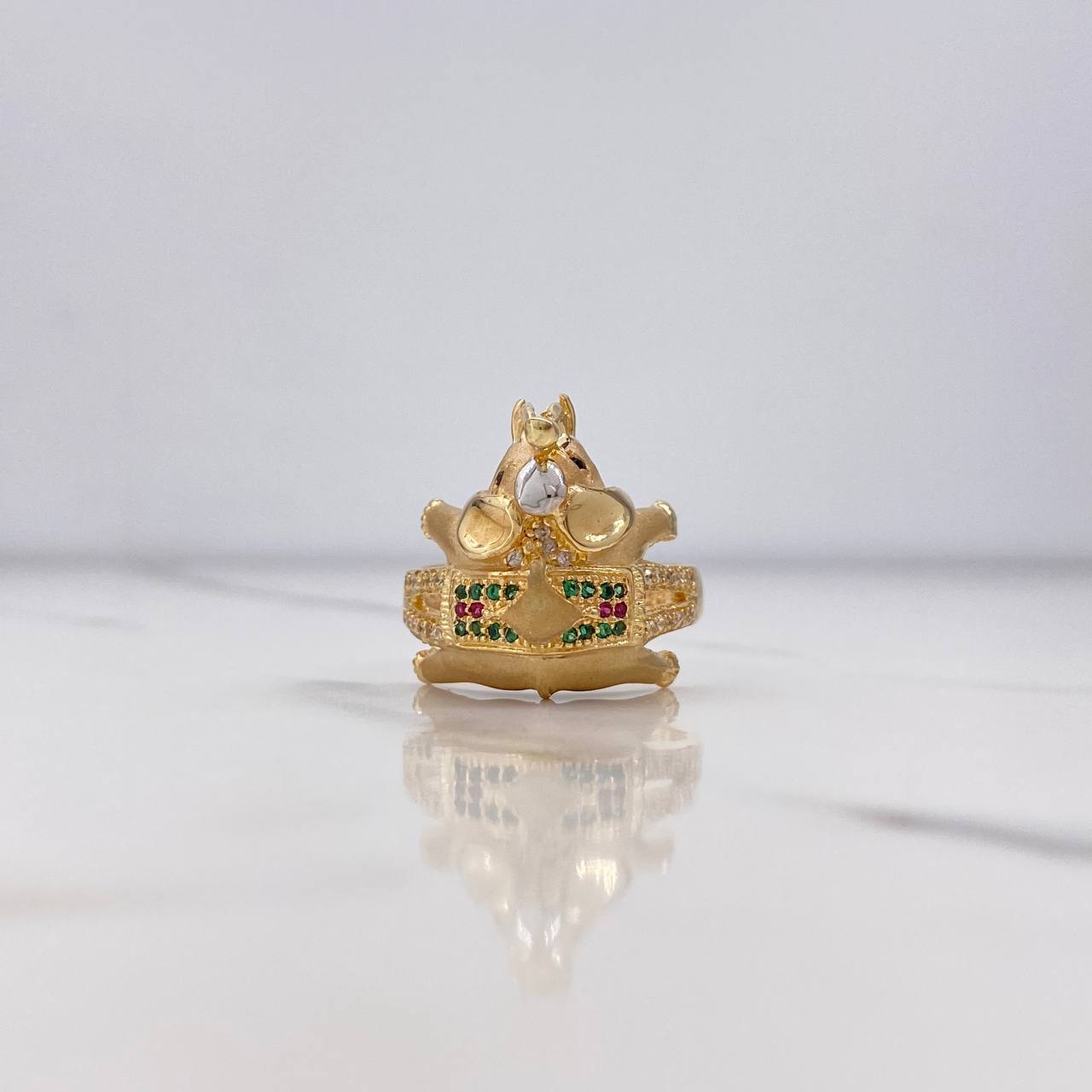 Elephant Ring 7.55gr / Size 8 1/4 / White, Green, Fuchsia, Black Zircons Yellow Gold $
