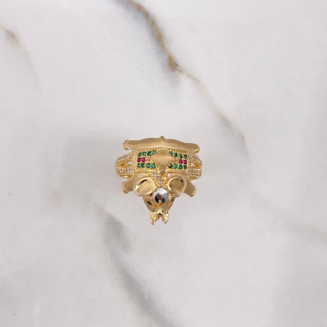 Elephant Ring 7.55gr / Size 8 1/4 / White, Green, Fuchsia, Black Zircons Yellow Gold $