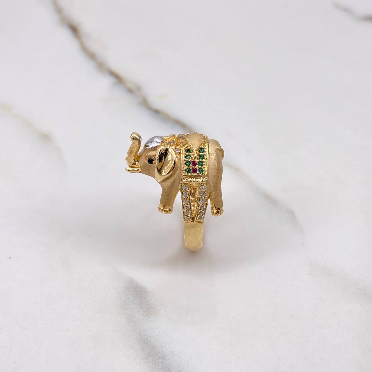 Elephant Ring 7.55gr / Size 8 1/4 / White, Green, Fuchsia, Black Zircons Yellow Gold $