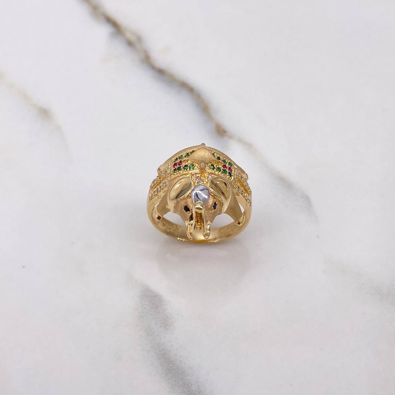 Elephant Ring 7.55gr / Size 8 1/4 / White, Green, Fuchsia, Black Zircons Yellow Gold $