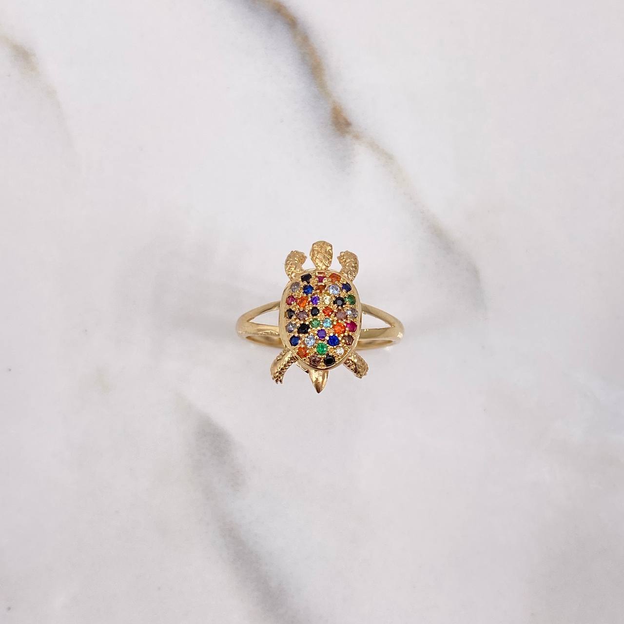 Turtle Ring 4.25gr / Size 7 1/4 / Articulated Colored Zircons Yellow Gold &