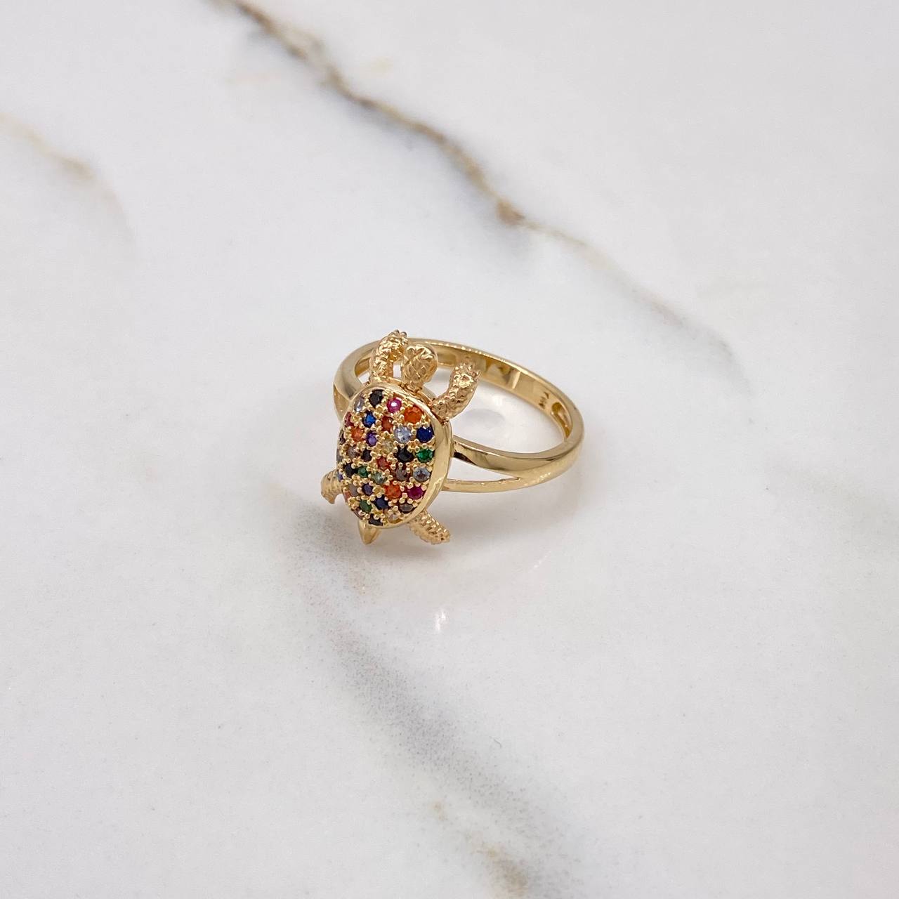 Turtle Ring 4.25gr / Size 7 1/4 / Articulated Colored Zircons Yellow Gold &
