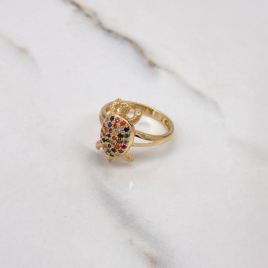 Turtle Ring 4.25gr / Size 7 1/4 / Articulated Colored Zircons Yellow Gold &