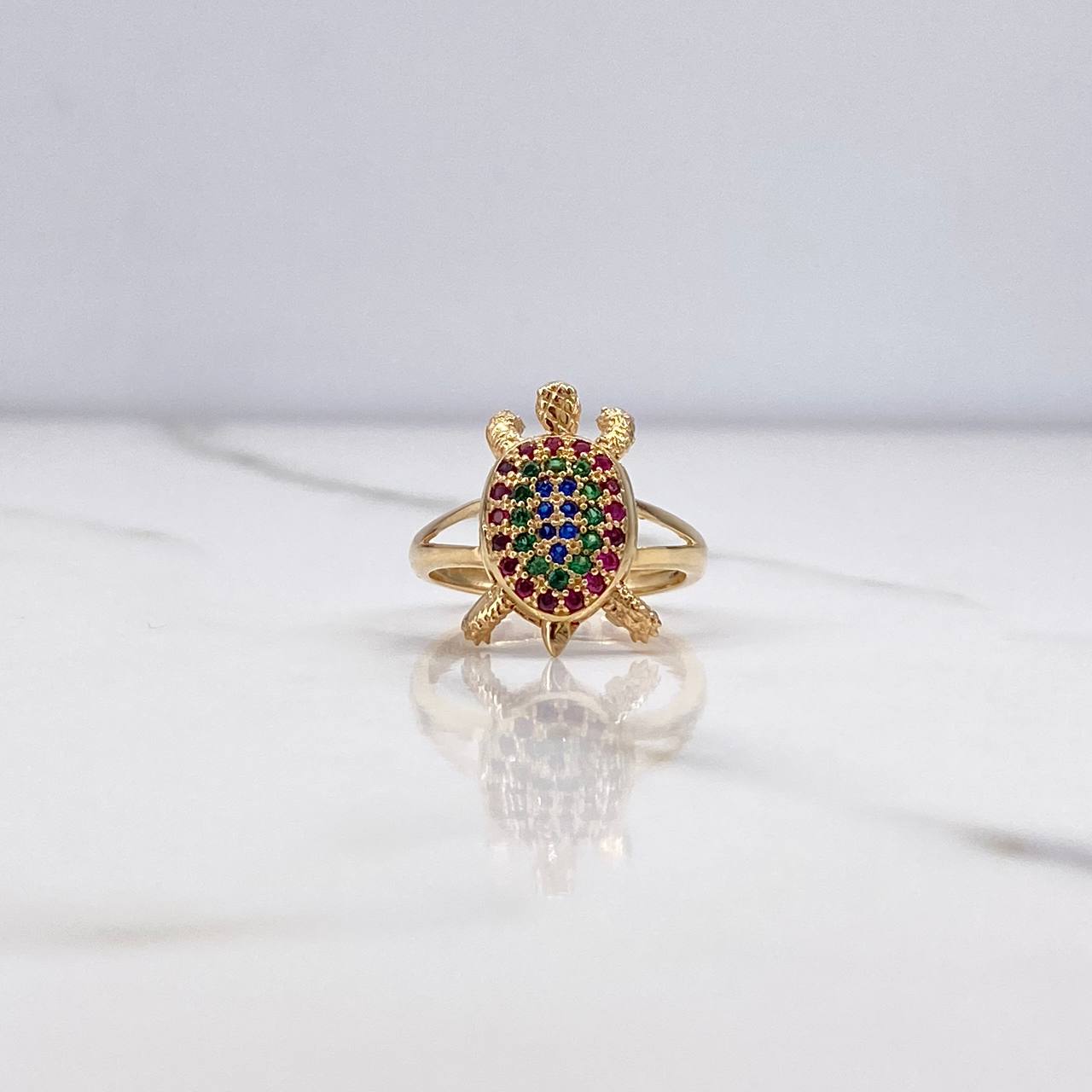 Turtle Ring 4gr / T5 1/2 / Articulated Fuchsia Green Blue Zircons Yellow Gold &