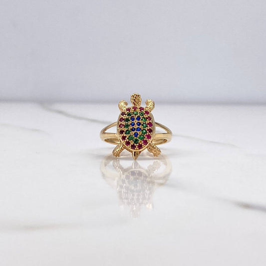 Turtle Ring 4gr / T5 1/2 / Articulated Fuchsia Green Blue Zircons Yellow Gold &