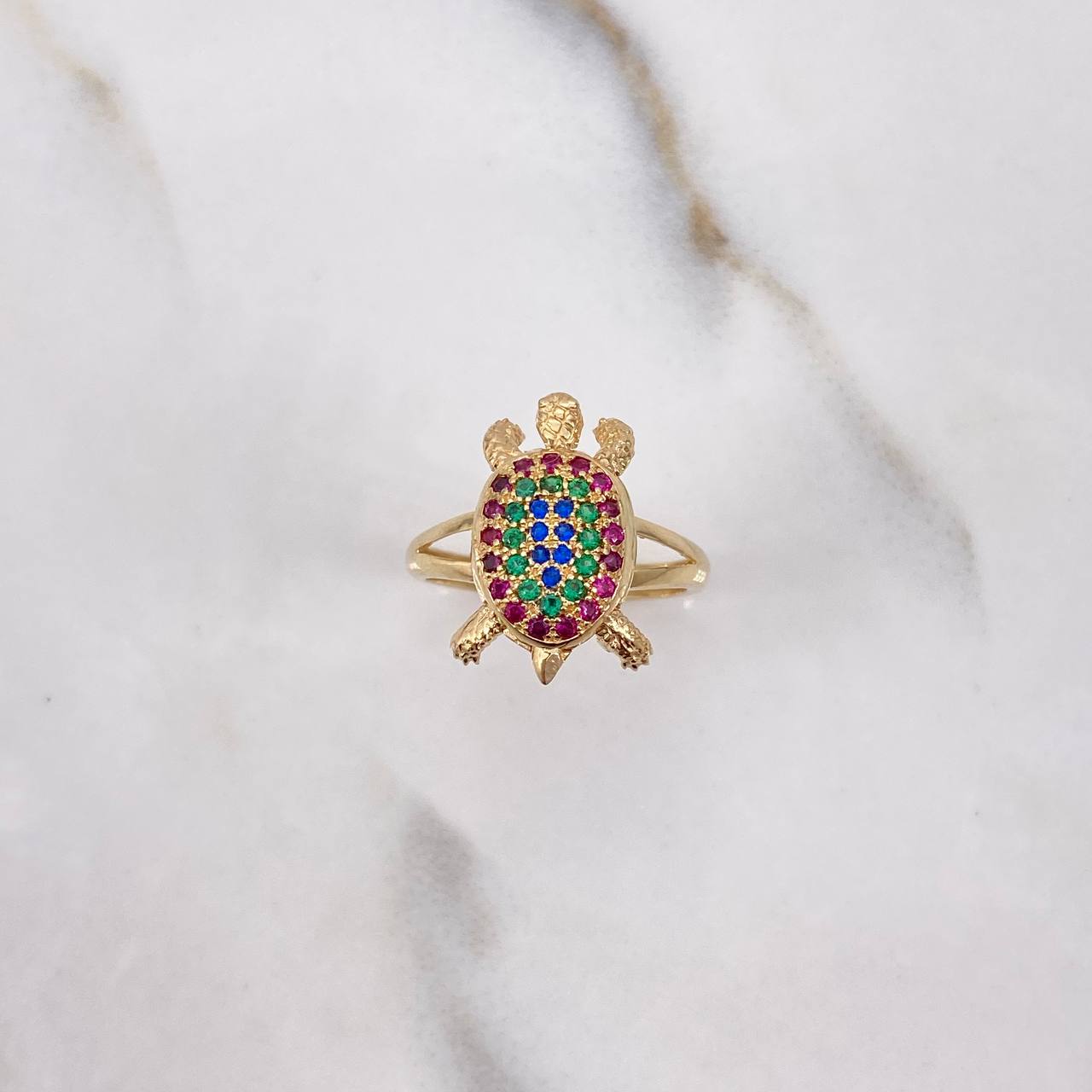 Turtle Ring 4gr / T5 1/2 / Articulated Fuchsia Green Blue Zircons Yellow Gold &