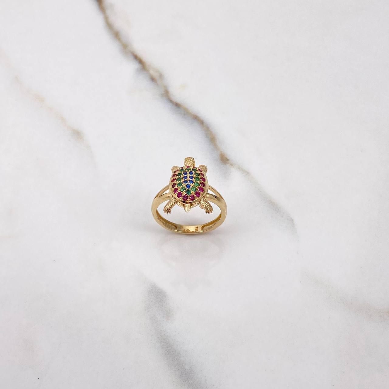 Turtle Ring 4gr / T5 1/2 / Articulated Fuchsia Green Blue Zircons Yellow Gold &