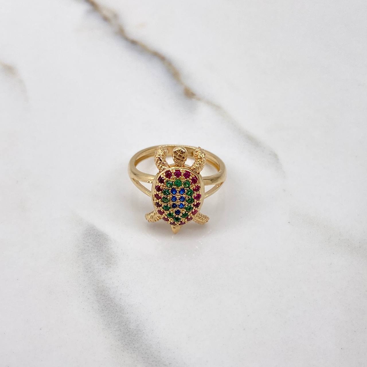 Turtle Ring 4gr / T5 1/2 / Articulated Fuchsia Green Blue Zircons Yellow Gold &