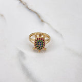 Turtle Ring 4gr / T5 1/2 / Articulated Fuchsia Green Blue Zircons Yellow Gold &