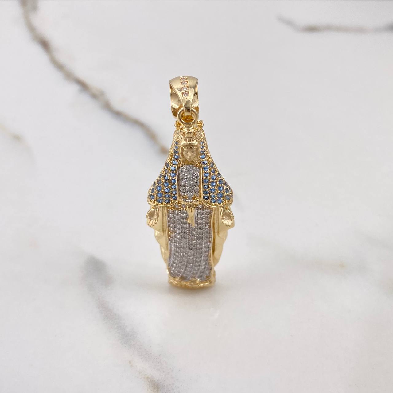 Pendant Miraculous Virgin 7.55gr / 5.2cm / White and Blue Zircons Two Yellow and White Golds $