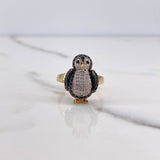 Articulated Penguin Ring 4.95gr / Size 7 / White and Black Zircons Two Yellows Gold White &