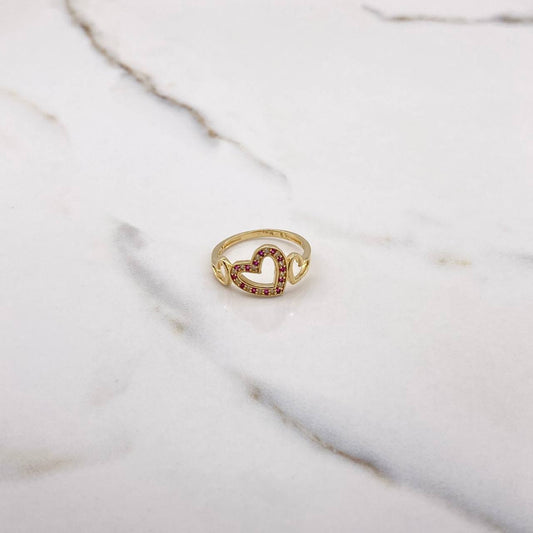 Three Hearts Ring 2.45gr / Size 7 1/4 / White Fuchsia Zircons Yellow Gold &