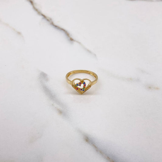 Double Heart Silhouette Ring 2.35gr / Size 6 3/4 / Colored Zircons Yellow Gold &