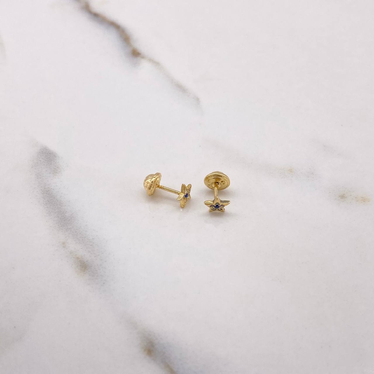 Stud Earrings Star 0.6gr / White Zircons Blue Yellow Gold $