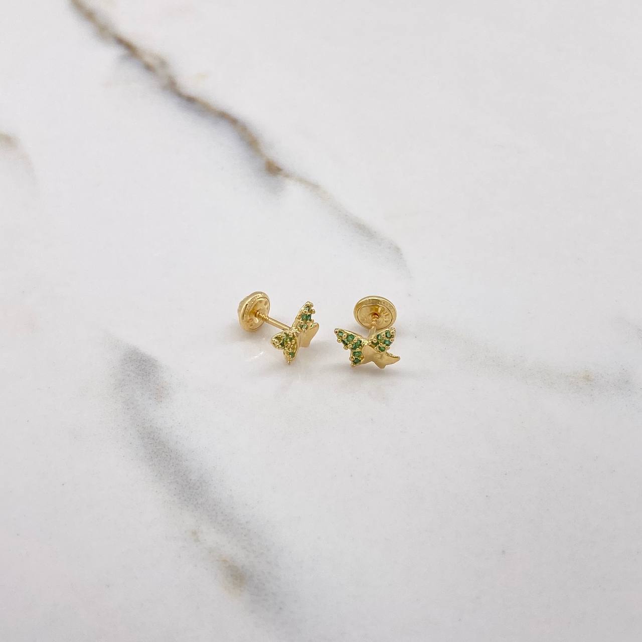Stud Earrings Double Butterfly 1gr / Green Zircons Yellow Gold $