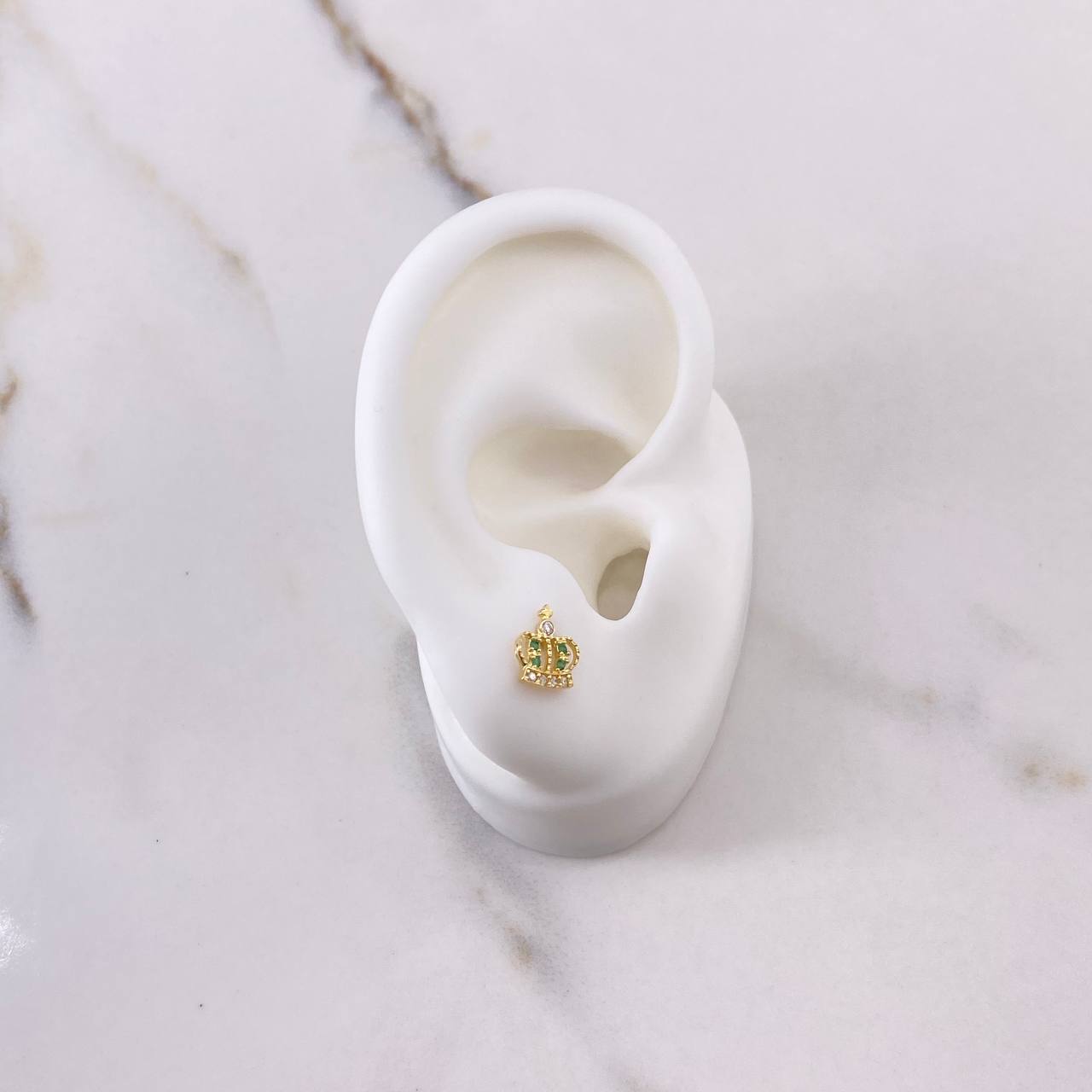 Stud Earrings Corona Real 0.8gr / White Green Zircons Yellow Gold $