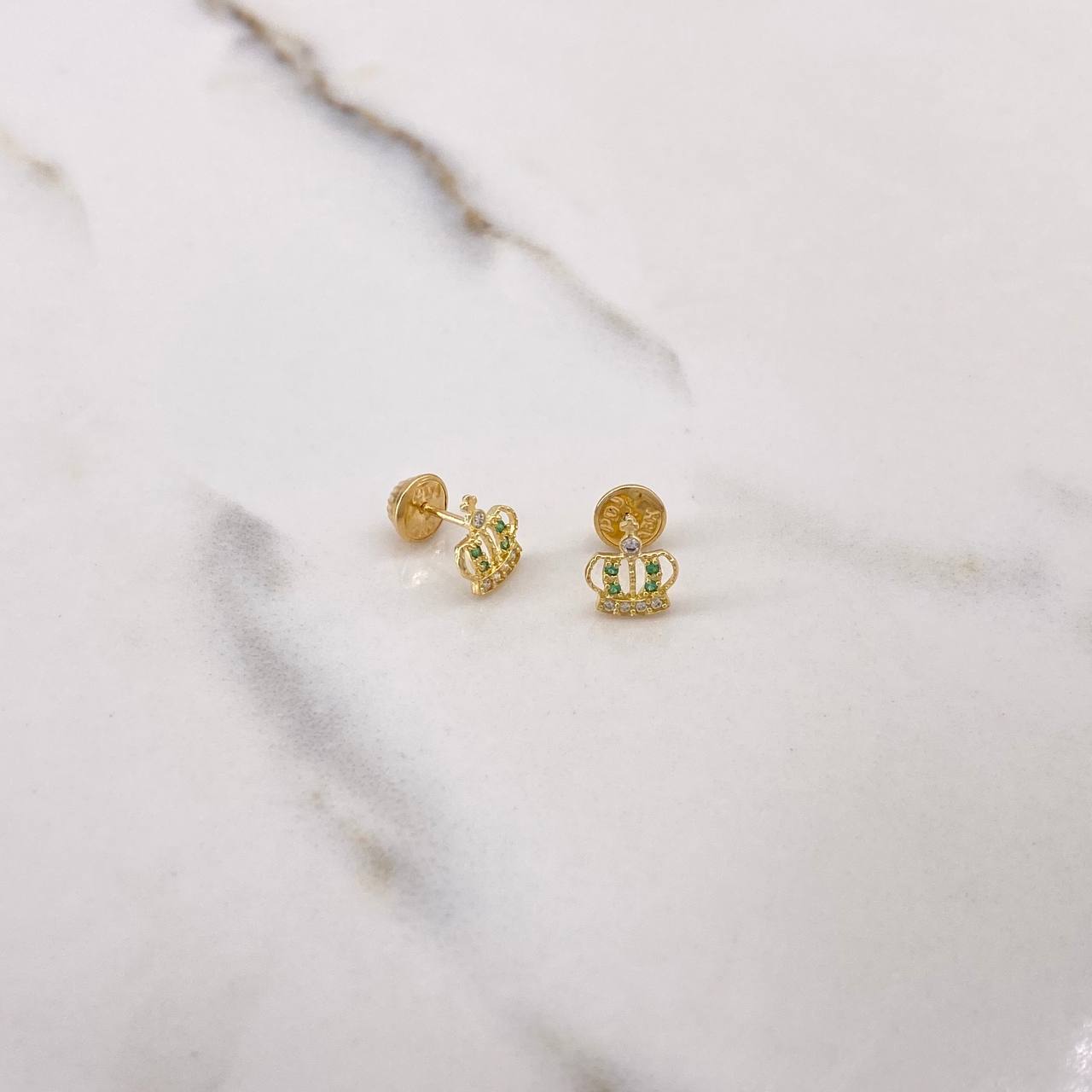 Stud Earrings Corona Real 0.8gr / White Green Zircons Yellow Gold $