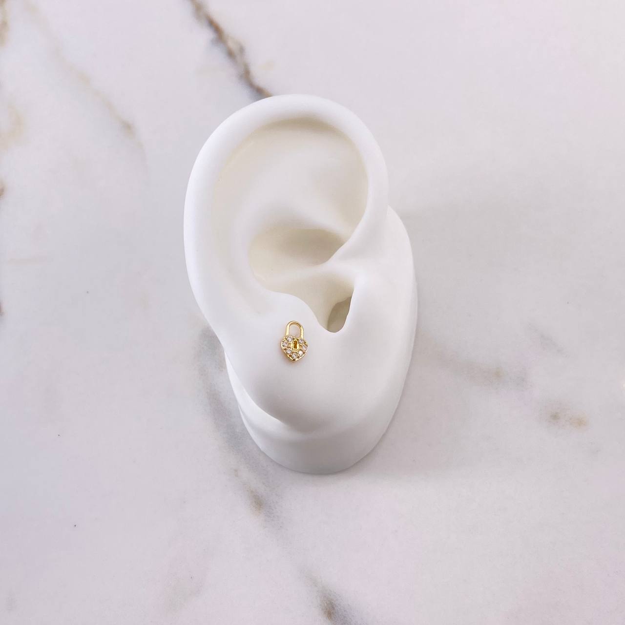Stud Earrings Heart Lock 0.65gr / White Zircons Yellow Gold $