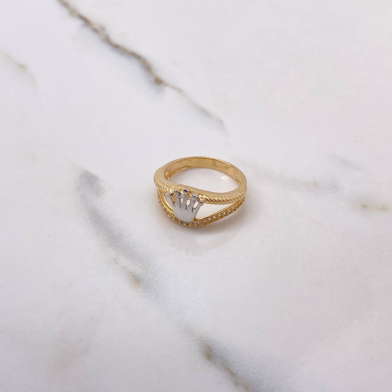 RX Laso Crown Ring 4.4gr / Size 7 3/4 / White Zircons Two-tone Yellow and White Gold &