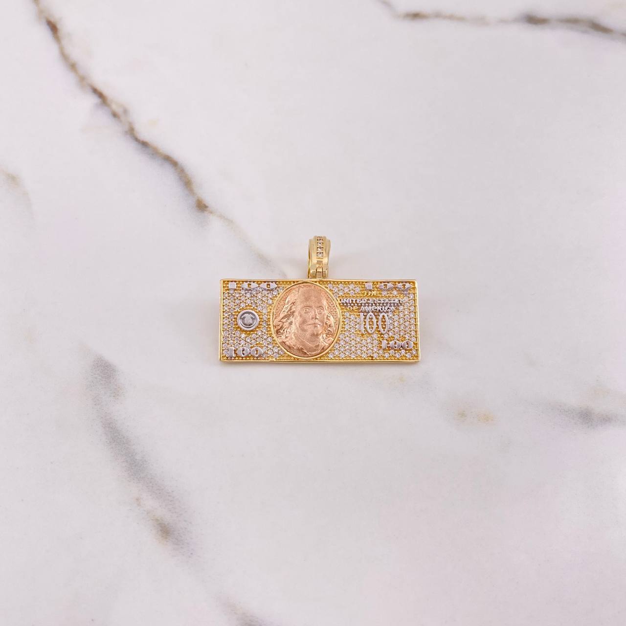 Pendant 100 Dollars 10gr / 4cm / White Zircons Three Golds &