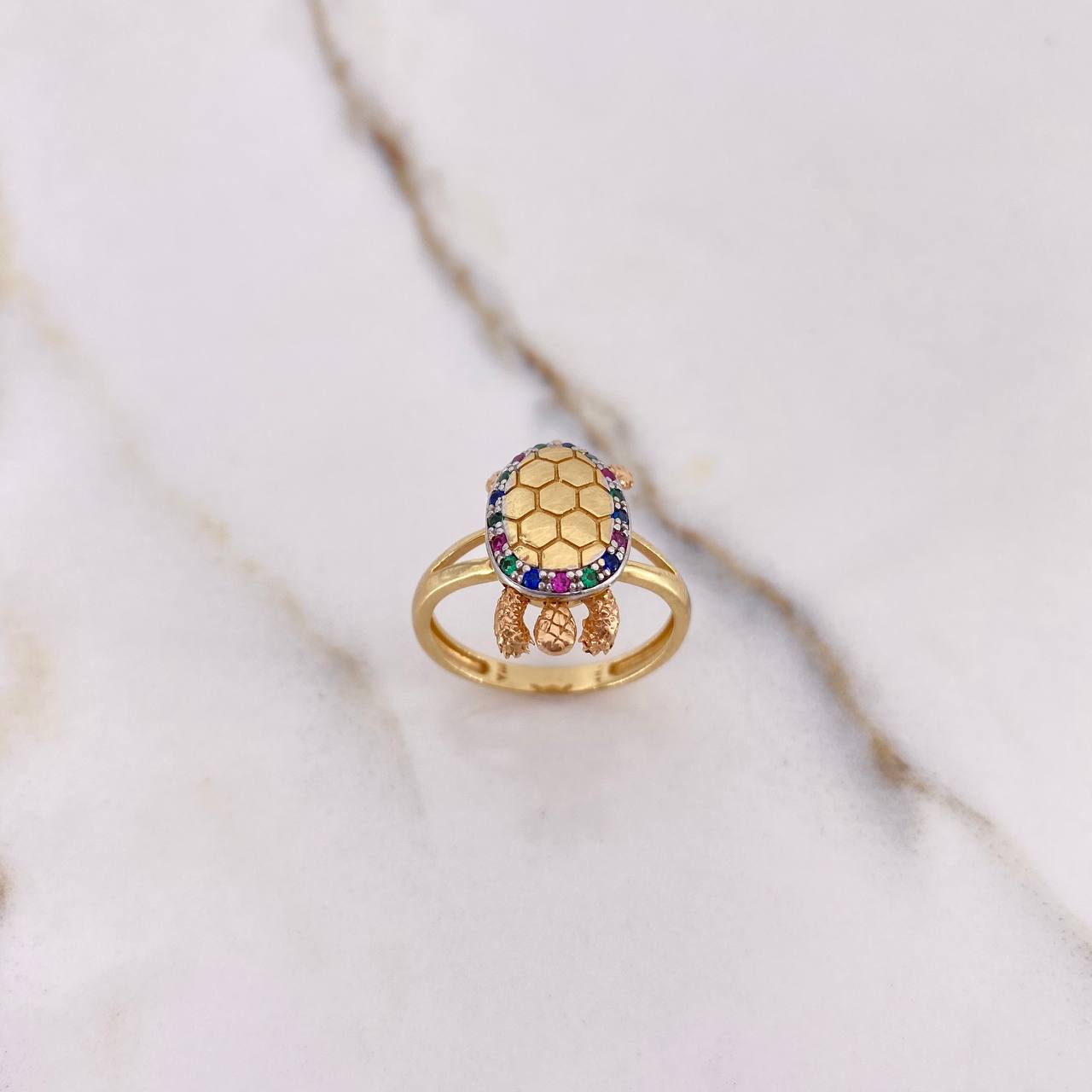 Articulated Turtle Ring 4.55gr / Size 7 1/4 Colored Zircons Three Golds &