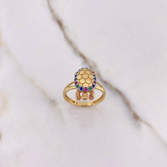 Articulated Turtle Ring 4.55gr / Size 7 1/4 Colored Zircons Three Golds &