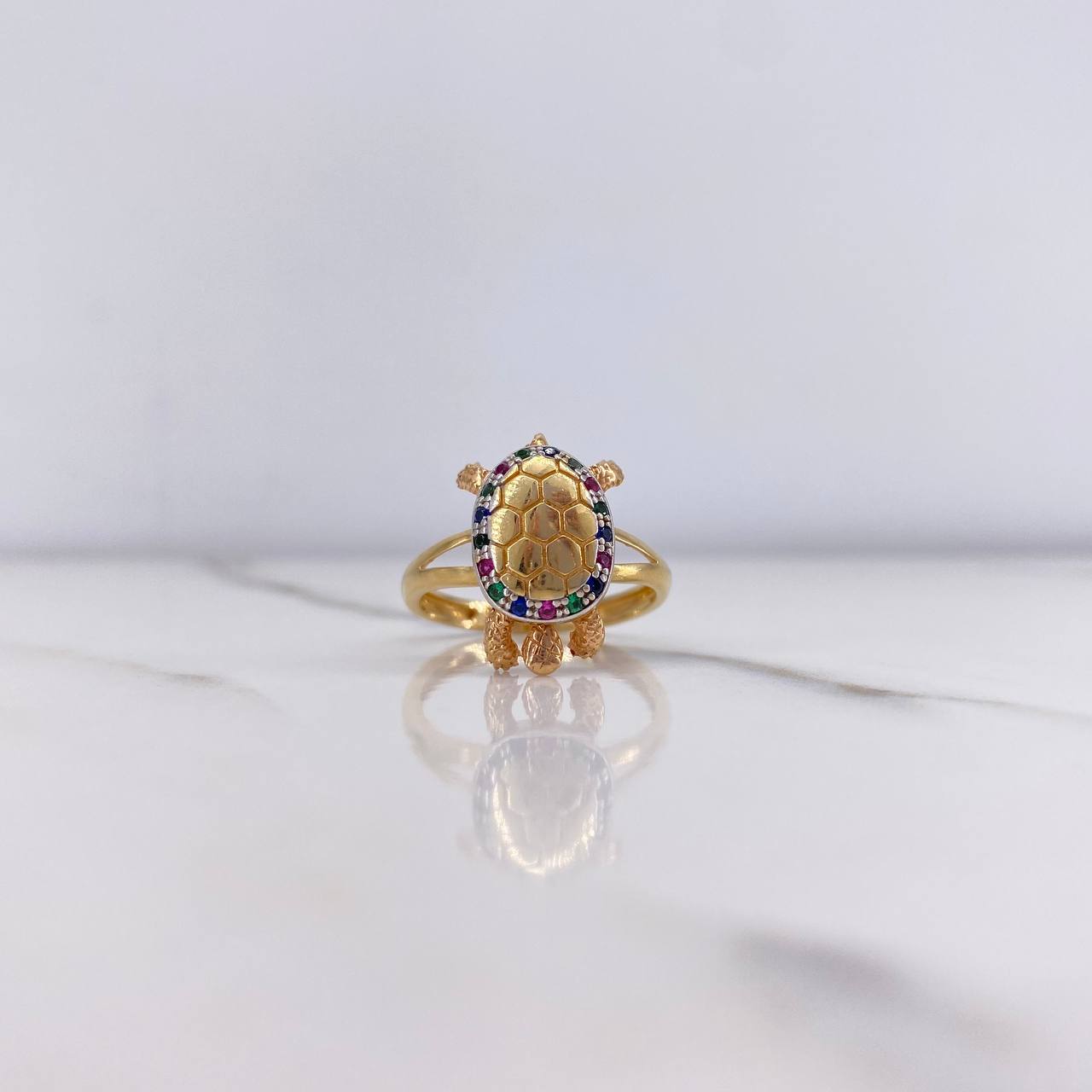 Articulated Turtle Ring 4.55gr / Size 7 1/4 Colored Zircons Three Golds &