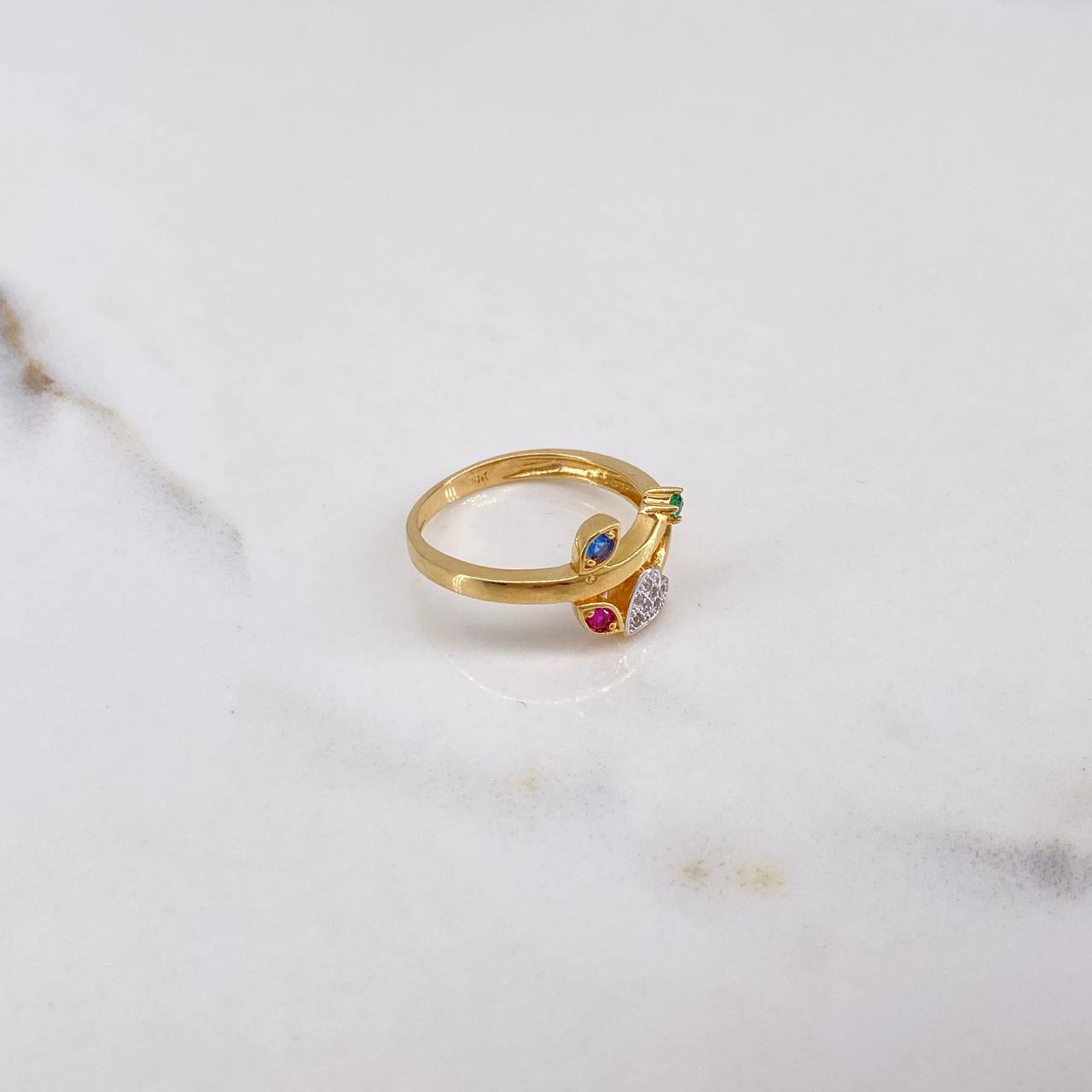 Laurel Heart Ring 2.75gr / Size 5 3/4 / Blue Green Fuchsia Zircons Two Yellow White Golds&