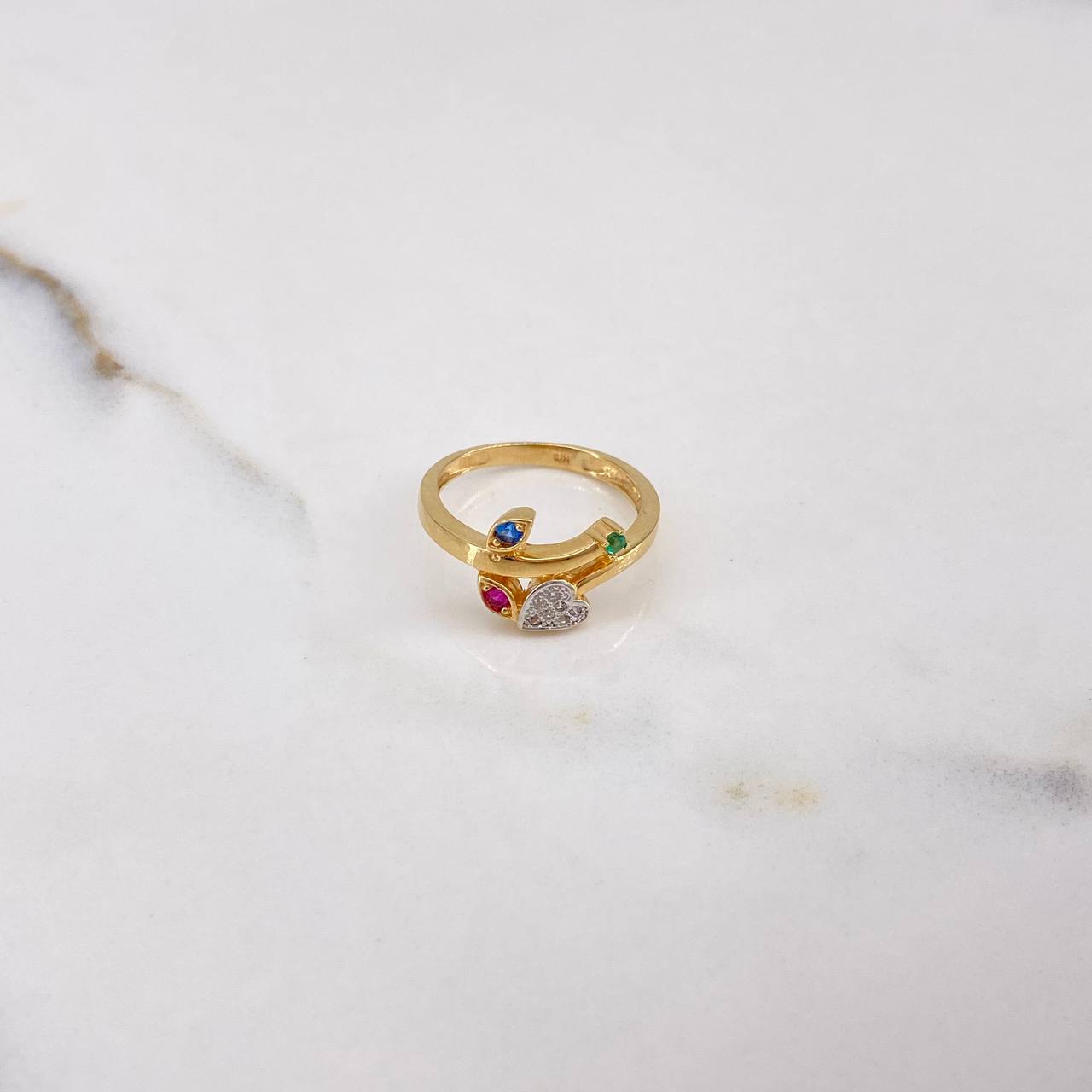 Laurel Heart Ring 2.75gr / Size 5 3/4 / Blue Green Fuchsia Zircons Two Yellow White Golds&
