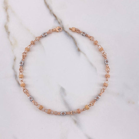 Rustic Anklet Rhombic Buoy 13.3gr / 27.5cm / 4mm Textured Basteado Two-tone Rose and White Gold