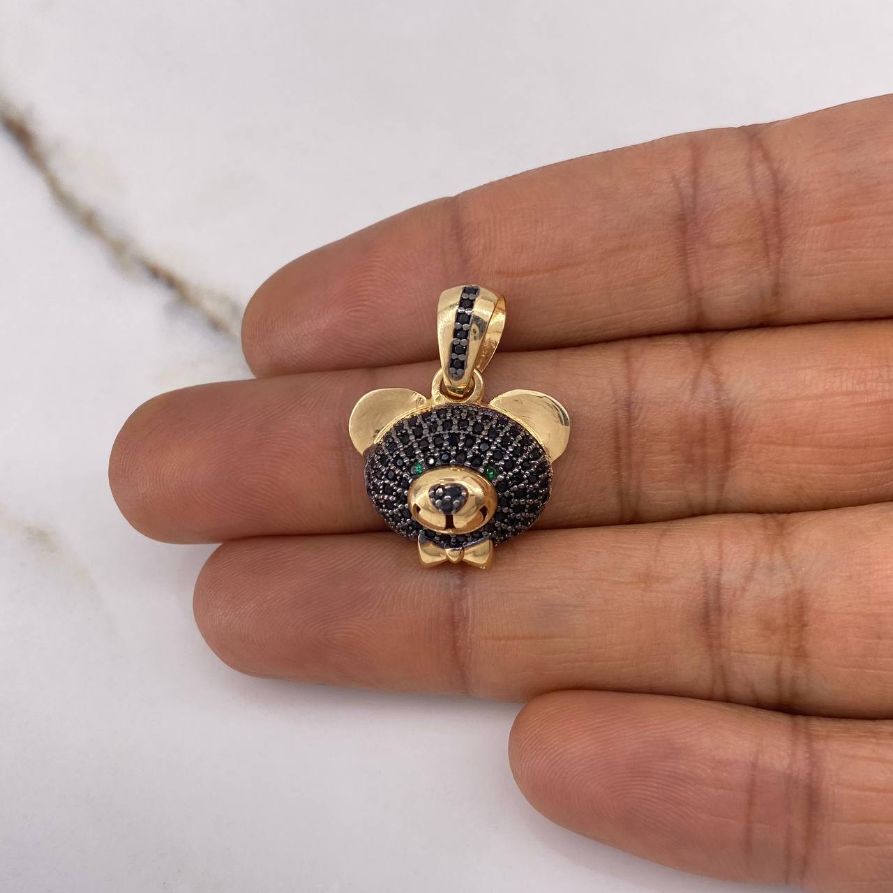 Pendant Bear Face 3.75gr / 2.5cm / Black Green Zircons Yellow Gold $