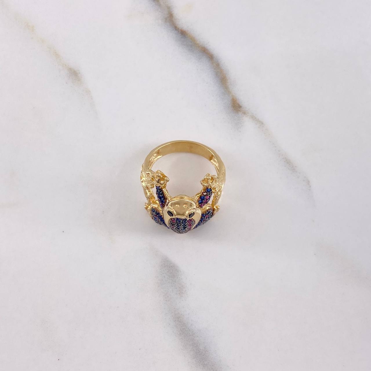 Frog Ring 7.35gr / Size 6 1/4 / Fuchsia Blue Black Zircons Yellow Gold $