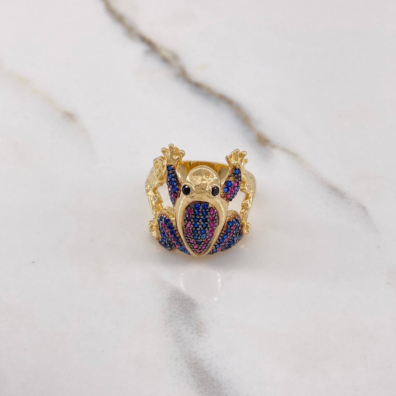 Frog Ring 7.35gr / Size 6 1/4 / Fuchsia Blue Black Zircons Yellow Gold $
