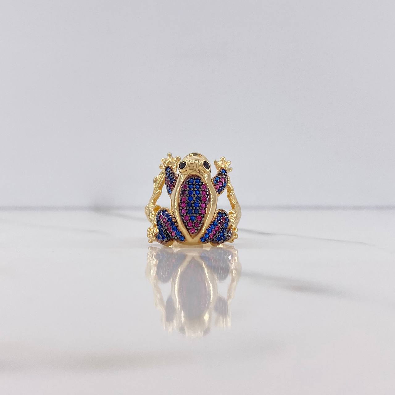 Frog Ring 7.35gr / Size 6 1/4 / Fuchsia Blue Black Zircons Yellow Gold $