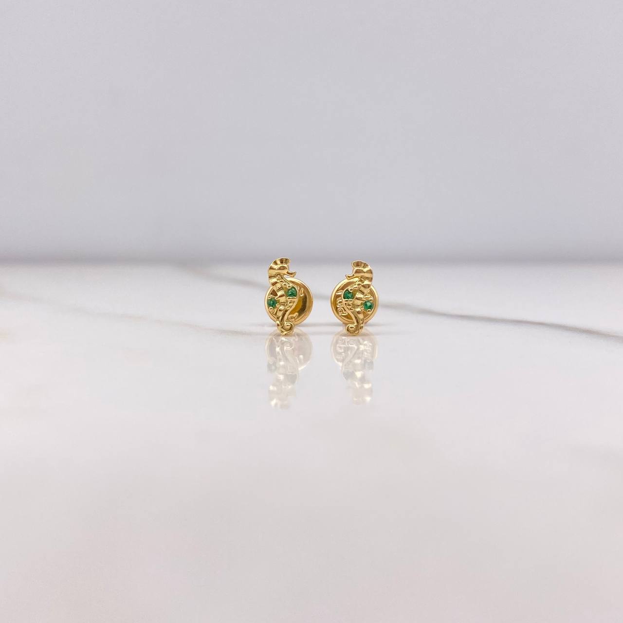 Stud Earrings Seahorse 0.75gr / Green Zircons Yellow Gold &
