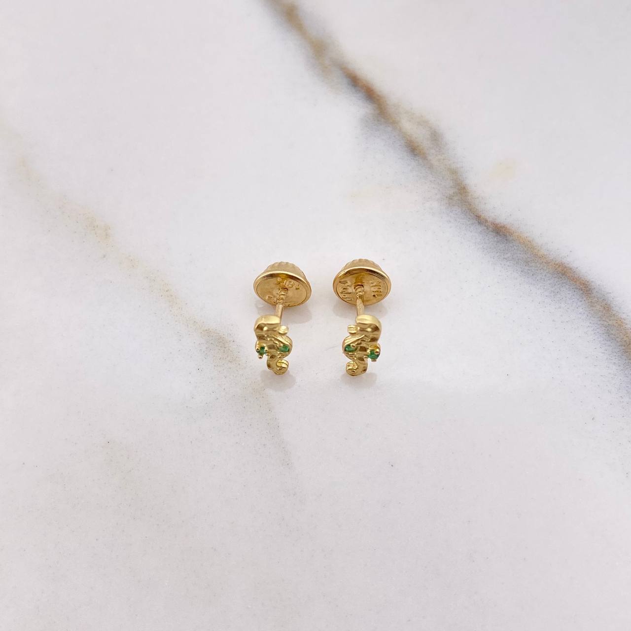 Stud Earrings Seahorse 0.75gr / Green Zircons Yellow Gold &
