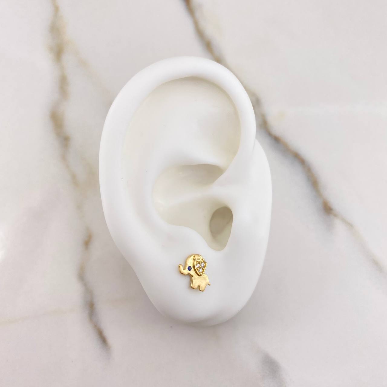 Stud Earrings Elephant 1.05gr / White Blue Zircons Yellow Gold &