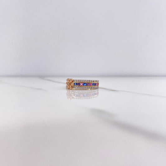 Double Line Flower Ring 3.25gr / Size 7 1/2 / White, Purple, Pink, Blue Zircons Three Golds &