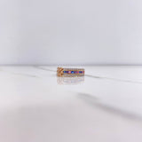 Double Line Flower Ring 3.25gr / Size 7 1/2 / White, Purple, Pink, Blue Zircons Three Golds &