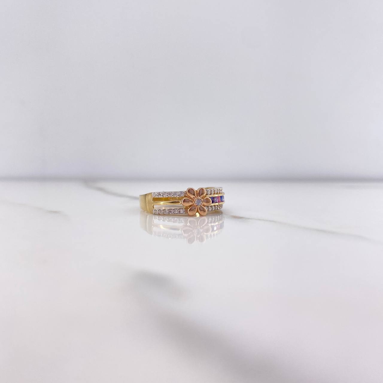 Double Line Flower Ring 3.25gr / Size 7 1/2 / White, Purple, Pink, Blue Zircons Three Golds &