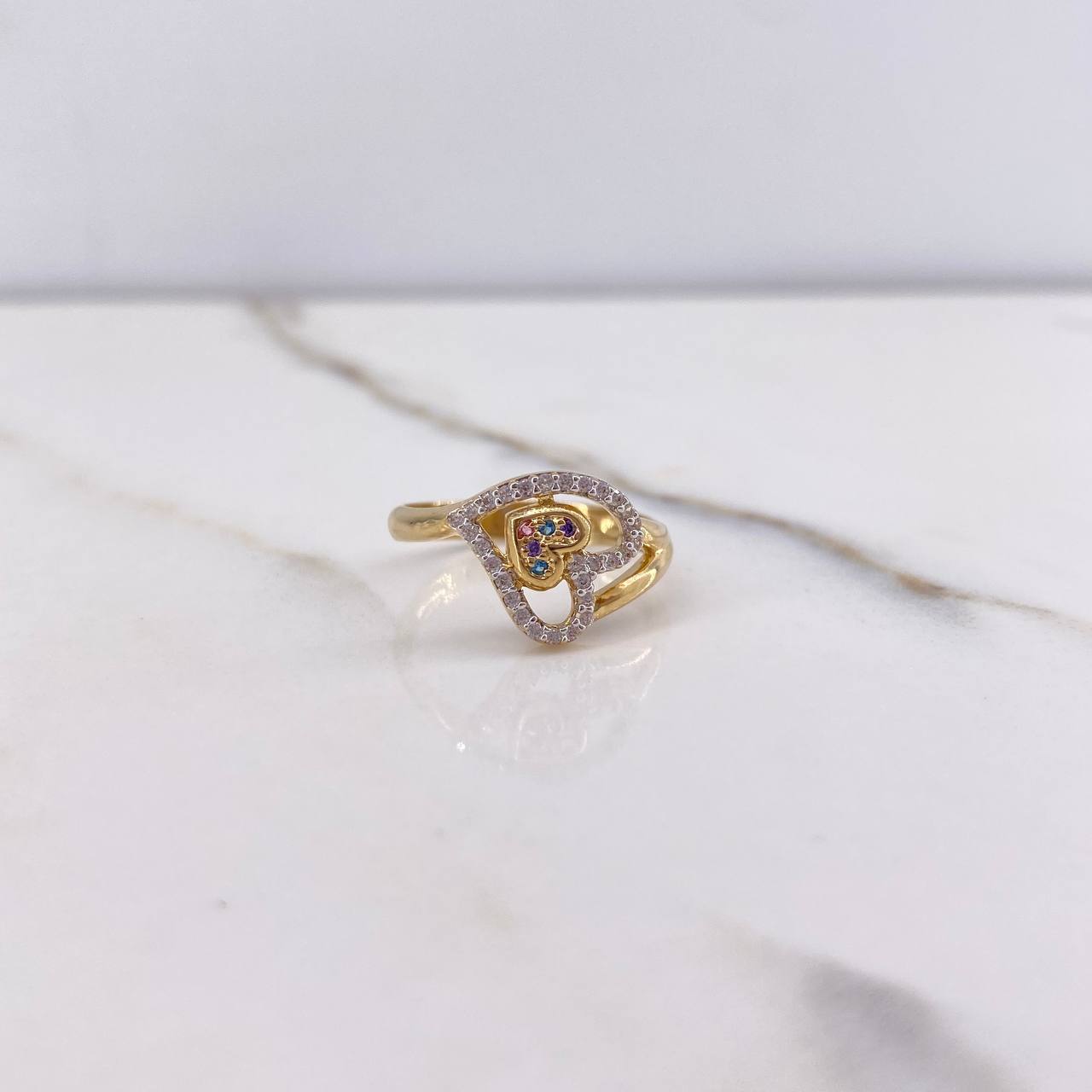 Double Heart Ring 2.65gr / Size 6 / White, Purple, Blue, Pink Zircons Two Yellows, White Gold &