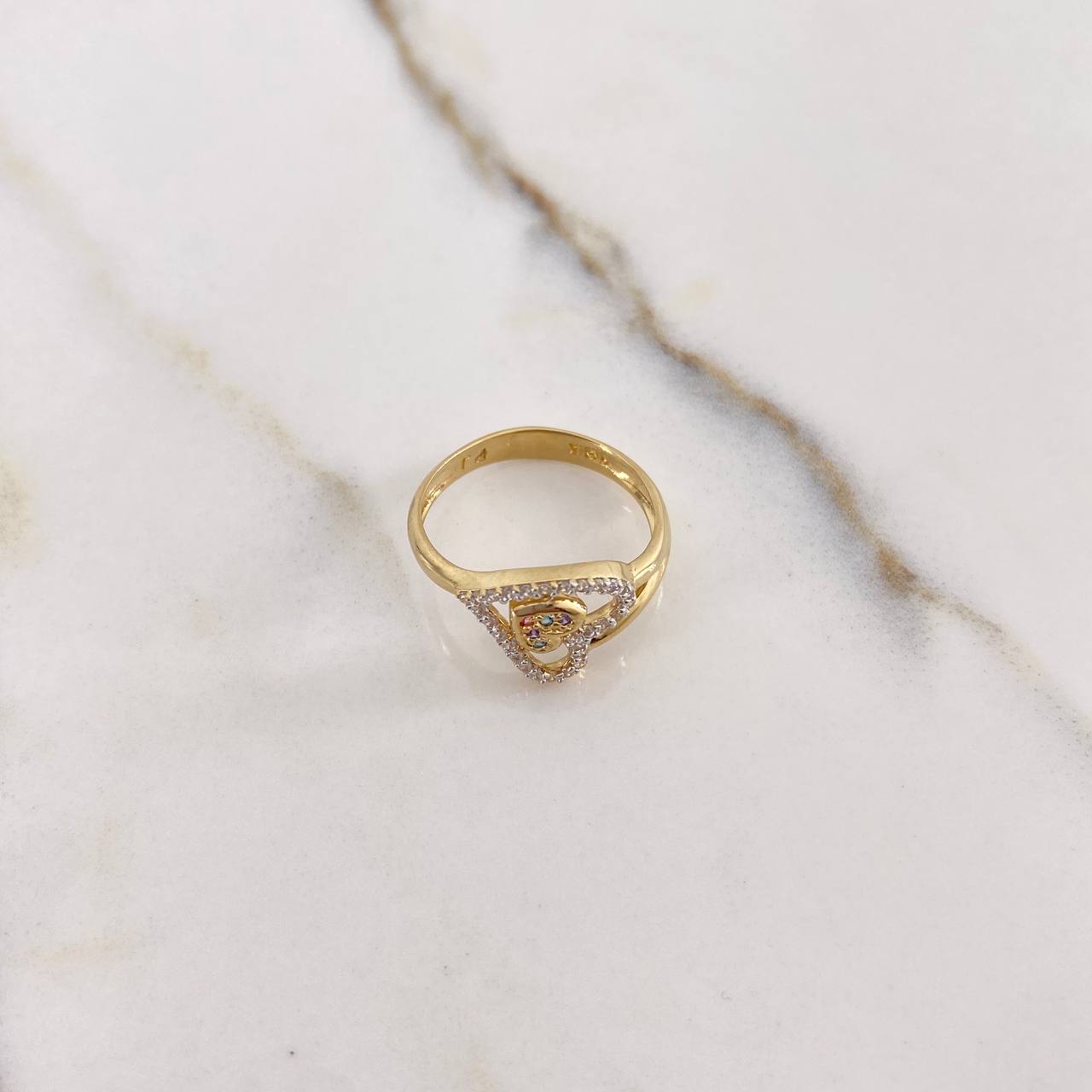 Double Heart Ring 2.65gr / Size 6 / White, Purple, Blue, Pink Zircons Two Yellows, White Gold &