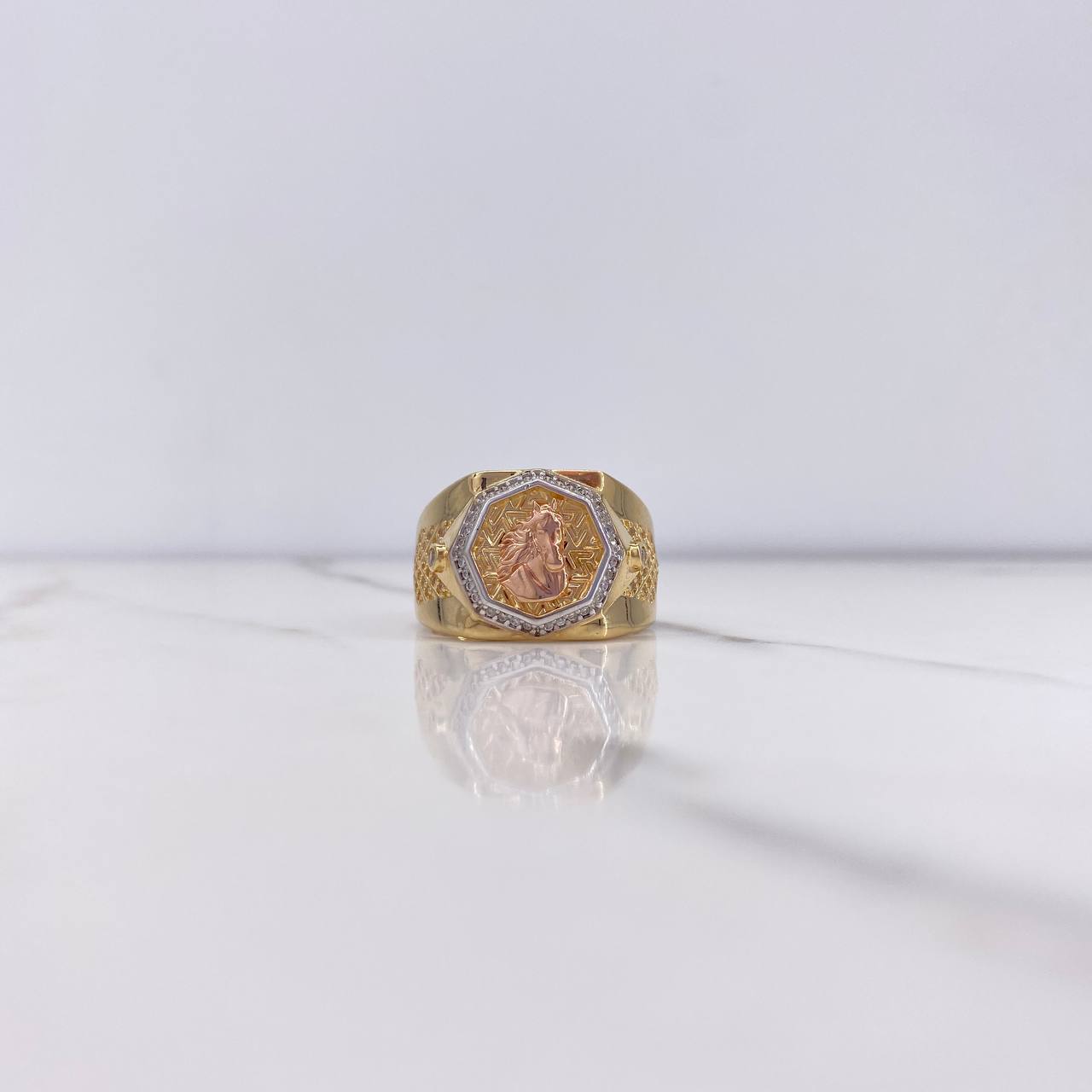 Octagonal Signet Ring Horse 13.05gr / Size 11 1/2 / White Zircons Three Golds &