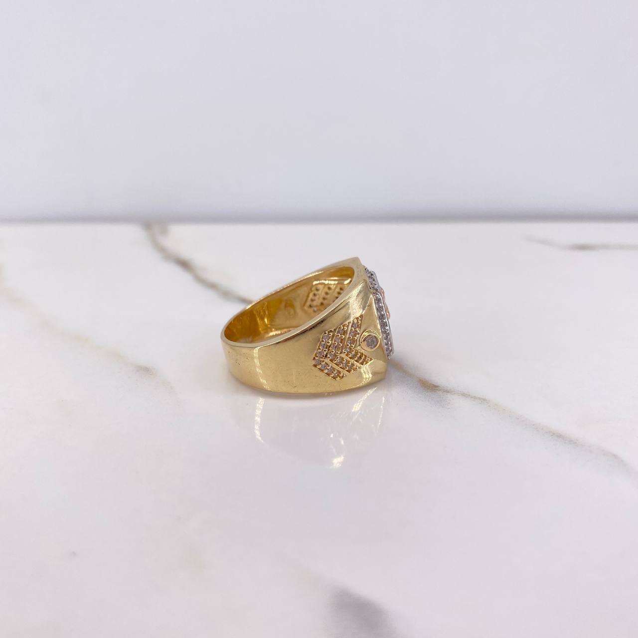 Octagonal Signet Ring Horse 13.05gr / Size 11 1/2 / White Zircons Three Golds &