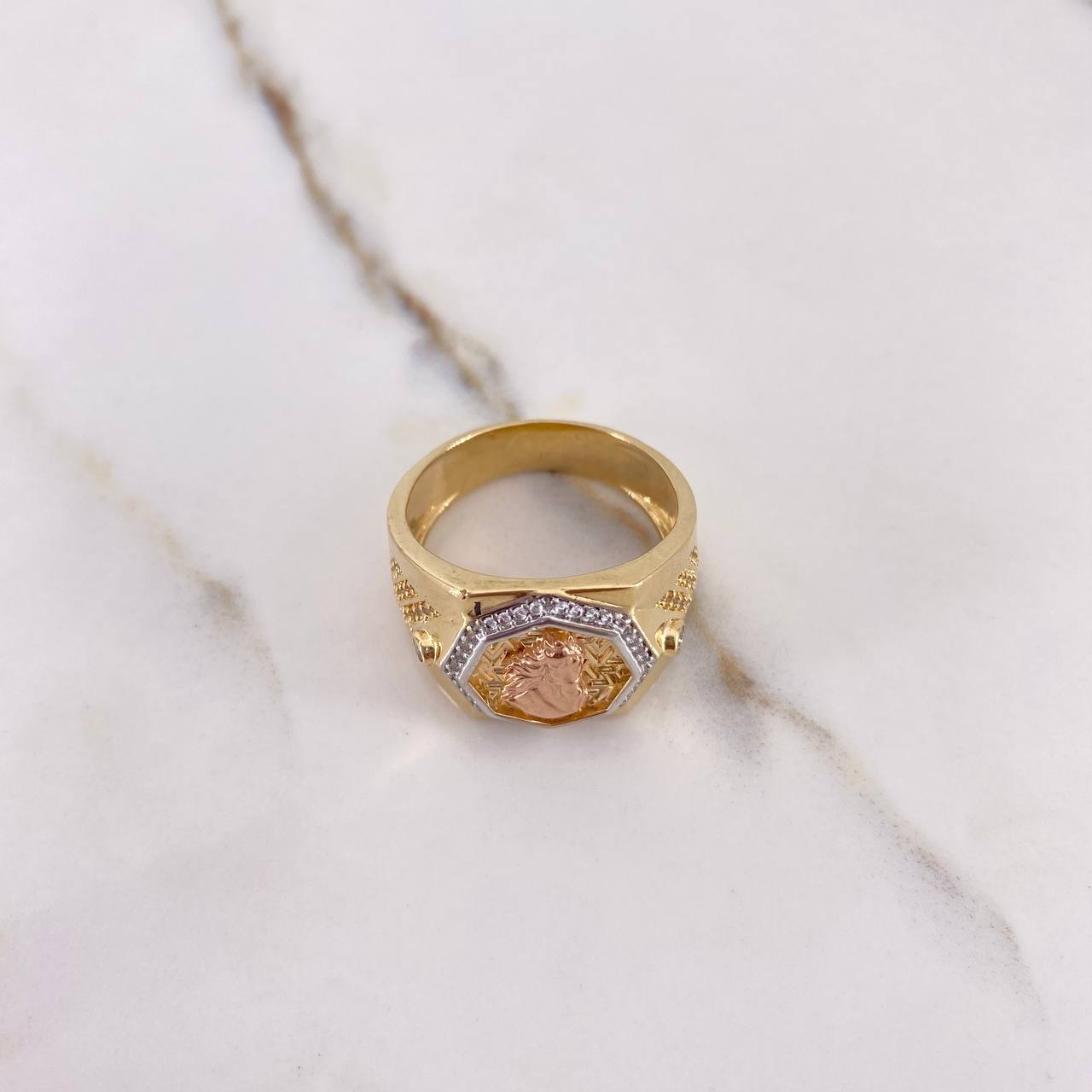 Octagonal Signet Ring Horse 13.05gr / Size 11 1/2 / White Zircons Three Golds &