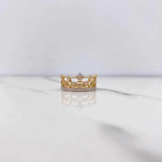 Heart Crown Ring 3.65gr / Size 6 1/4 / White Zircons Two-tone Yellow and White Gold &