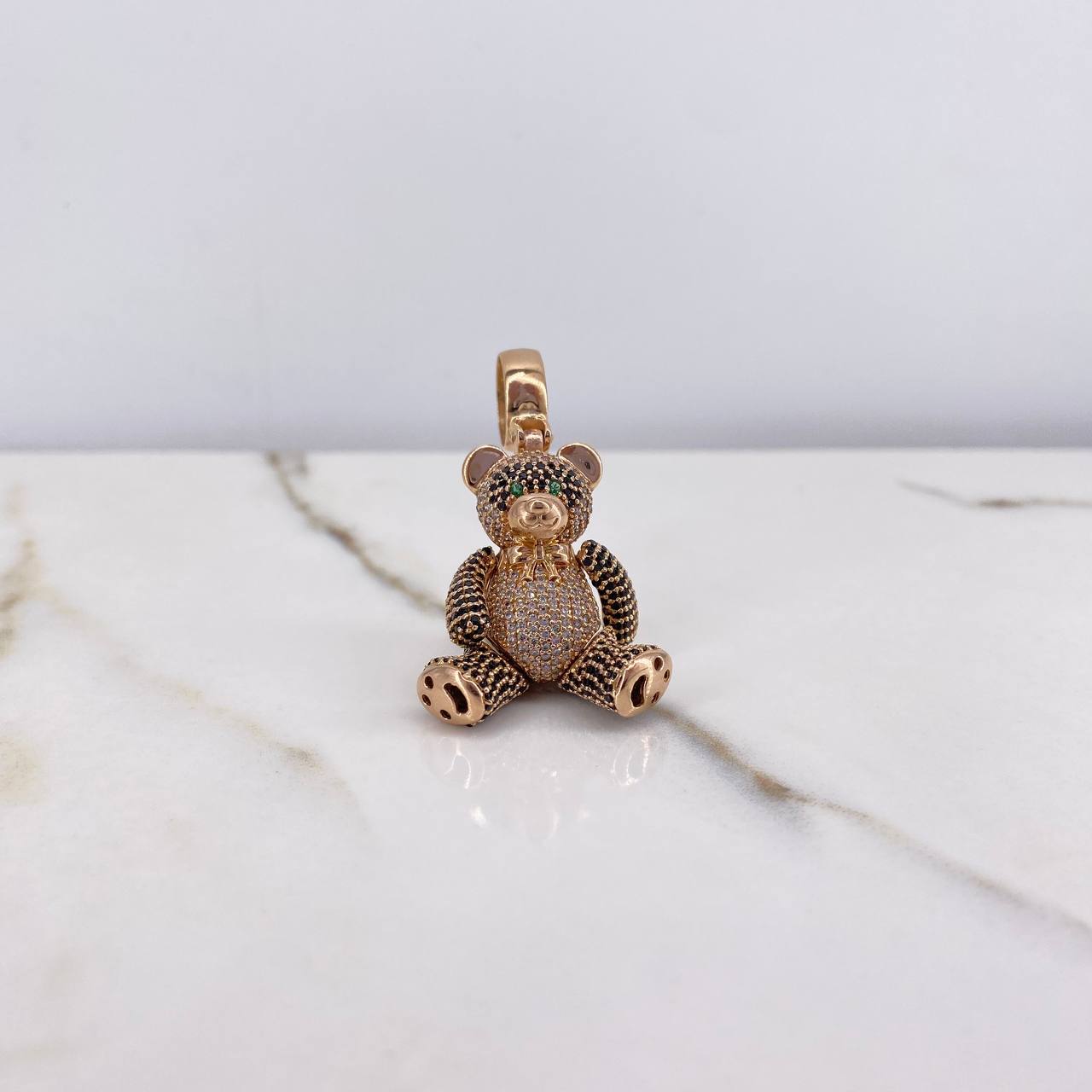 Pendant Articulated Bear Bow Tie 13.3gr / 4.5cm / Black Green White Zircons Rose Gold $
